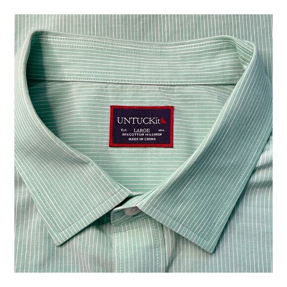 UNTUCKit Men’s Large Green Pinstripe Button-Up Shirt Cotton Linen - Picture 6 of 9